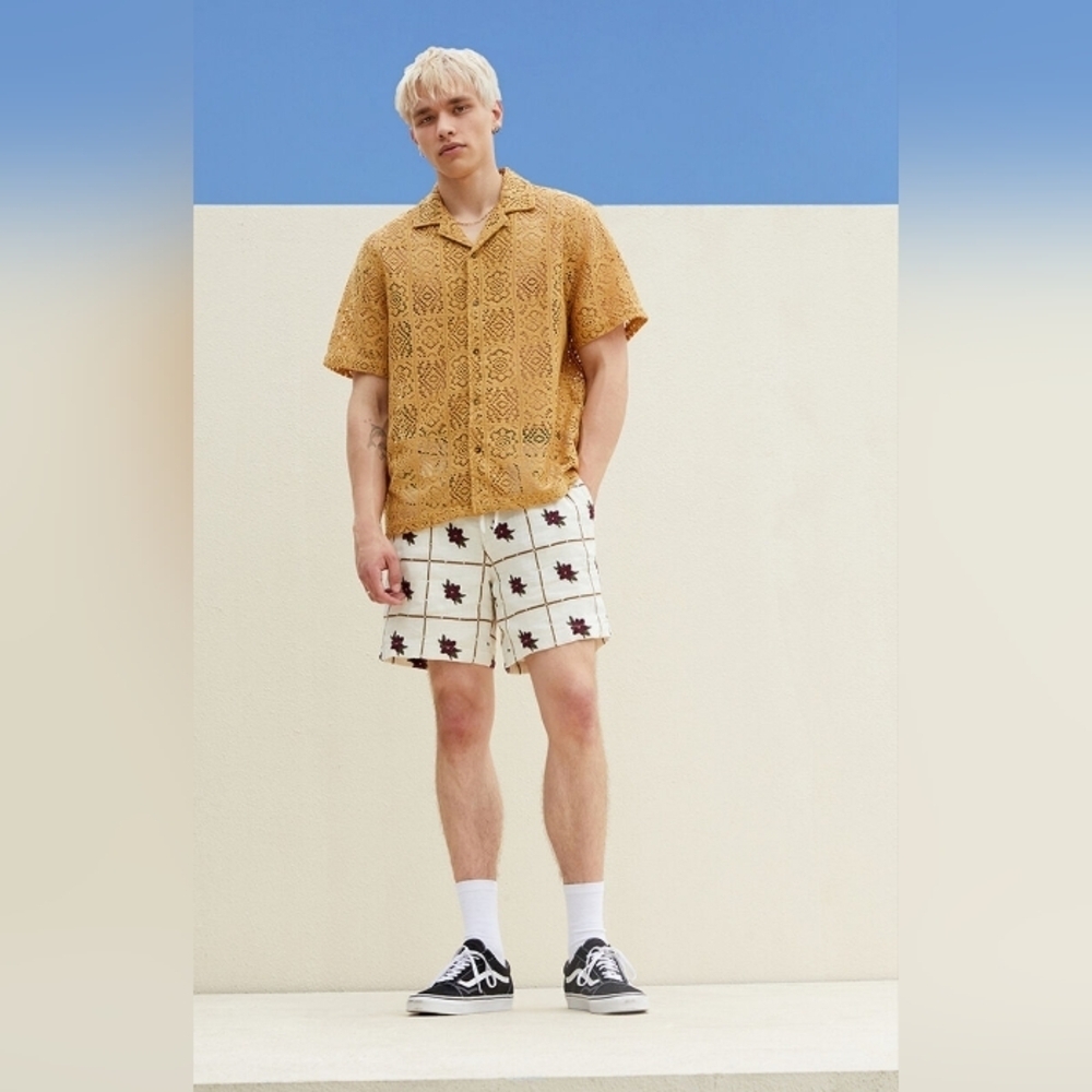 Pacsun Men's Floral Linen Shorts Embroidered Casual Elastic Waist M